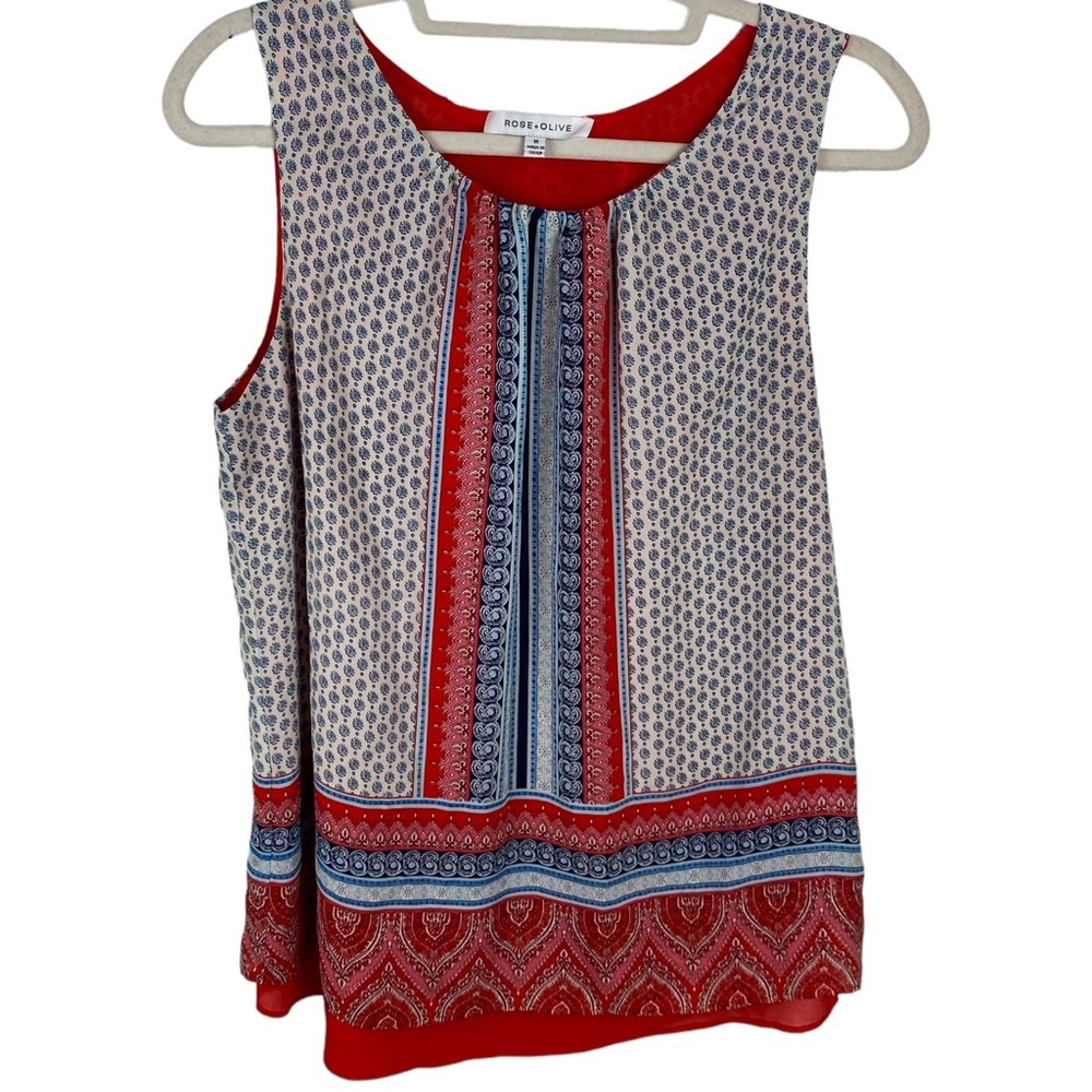 Rose + Olive Sleeveless Shirt top blouse shell vest M red blue print split back
